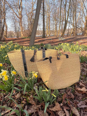 Bolga Korb Umhängetasche Shopper natur Elefantengras lange Lederriemen L