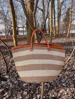 Sisal Korb Korbtasche Shopper XL beige braun gestreift Lederhenkel
