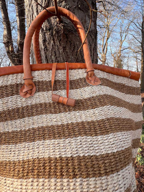 Sisal Korb Korbtasche Shopper beige-braun schmal gestreift Verschluss Lederhenkel