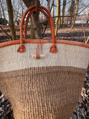 Sisal Korb Korbtasche Shopper beige hellbraun Verschluss Lederhenkel