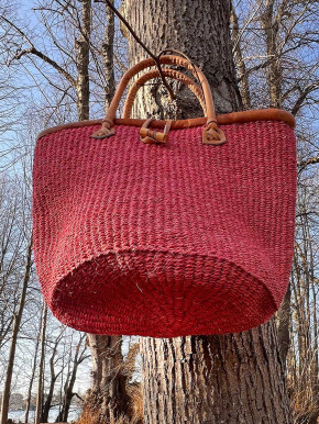 Sisal Korb Korbtasche Shopper himbeere Verschluss Lederhenkel