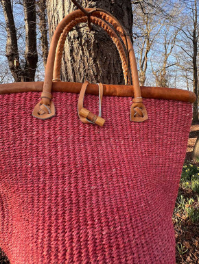Sisal Korb Korbtasche Shopper himbeere Verschluss Lederhenkel