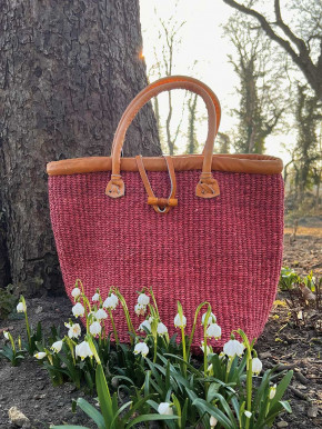 Sisal Korb Korbtasche Shopper himbeere Verschluss Lederhenkel