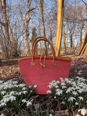 Sisal Korb Korbtasche Shopper himbeere Verschluss Lederhenkel