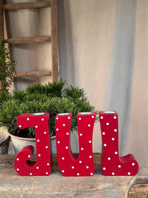 Advent Holz-Buchstaben Set JUL Kerzenhalter rot weiße Punkte Madleys H15