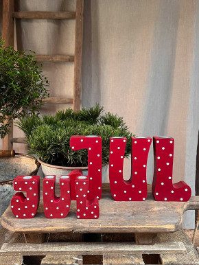 Advent Holz-Buchstaben Set JUL klein Kerzenhalter rot weiße Punkte Madleys H8
