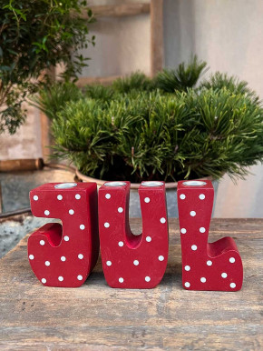 Advent Holz-Buchstaben Set JUL klein Kerzenhalter rot weiße Punkte Madleys H8