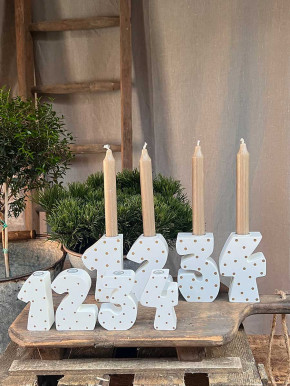Advent Holzziffern Set 1234 Kerzenhalter weiß-gold klein Madleys H9.5