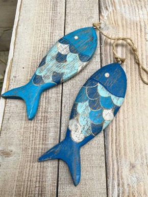 2 blau gemusterte Holzfische Fisch maritim am Tampen 20 cm