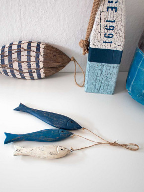 3 blau weiße Holzfische Fisch maritim am Tampen