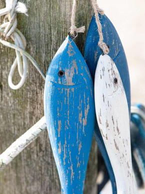 3 blau weiße Holzfische Fisch maritim am Tampen