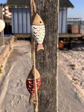 Girlande blau weiß rote Holzfische und Anker am Seil Fisch 135 cm