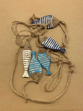 Girlande blau weiss türkis gestreifte Holzfische am Seil maritim 130 cm