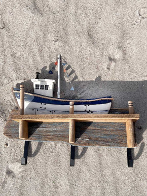 Batela Garderobe Holzschiff am Poller weiß blau 3 Haken