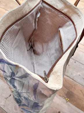 Bell'Arte Umhängetasche Stofftasche Distel Baumwolle Leinen mit Futter Lederhenkel