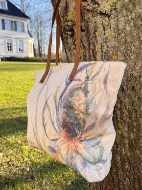 Bell'Arte Umhängetasche Stofftasche Distel Baumwolle Leinen mit Futter Lederhenkel