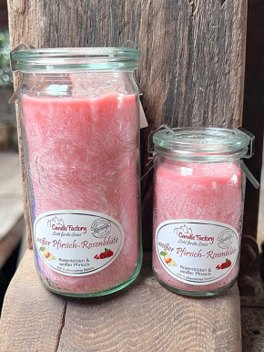Candle Factory Mini-Jumbo Duftkerze im Weckglas weißer Pfirsich Rosenblüte Stearinkerze