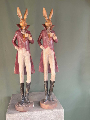 Clayre und Eef elegante Hasenfigur im violetten Frack mit Tasse H75