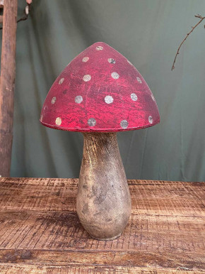 Großer Shabby Glas Dekopilz rot mit Punkten bauernsilber H28