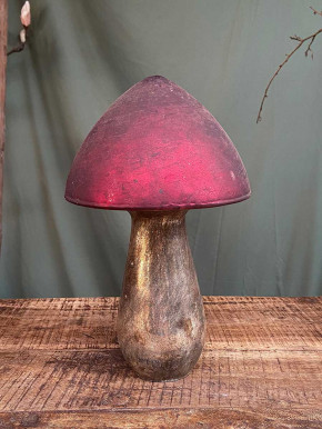 Großer Shabby Glas Dekopilz rot bauernsilber H28