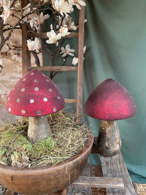 Großer Shabby Glas Dekopilz rot mit Punkten bauernsilber H28