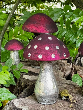 Großer Shabby Glas Dekopilz rot mit Punkten bauernsilber H28