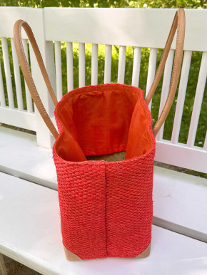frosch und rabe Sisal Shopper coral rot mit Futter lange Lederhenkel