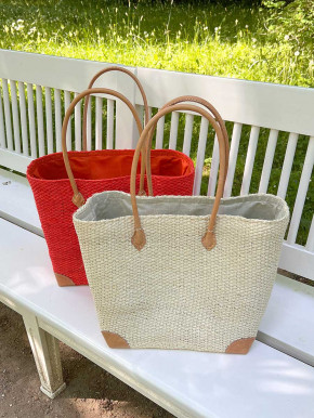 frosch und rabe Sisal Shopper coral rot mit Futter lange Lederhenkel