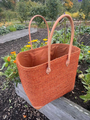 frosch und rabe Sisal Shopper rostbraun mit Futter lange Lederhenkel