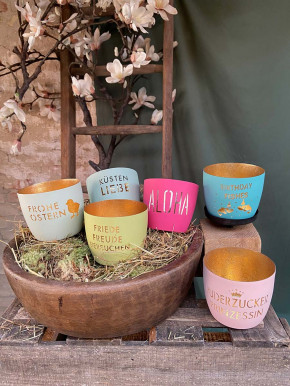 Madras Windlicht M Motiv Friede Freude Eiersuchen pastellgelb-gold GiftCompany