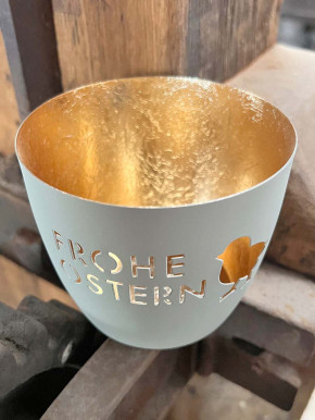 Madras Windlicht M Frohe Ostern pastell-hellgrau-gold GiftCompany