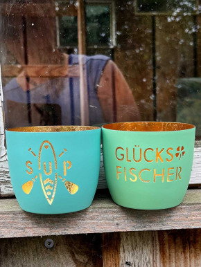 Madras Windlicht M Motiv Glücksfischer aqua-gold GiftCompany