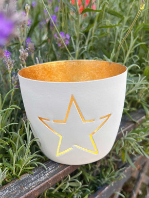 Madras Windlicht M Motiv Stern weiss-gold GiftCompany