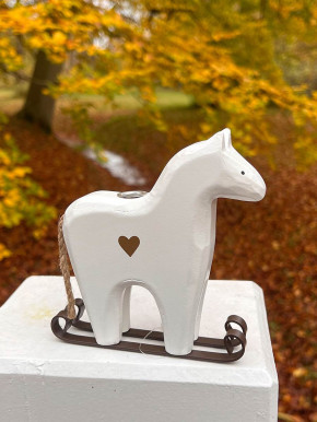 Weißes Holzpferd auf Ski Kerzenhalter Pferd Madleys H13