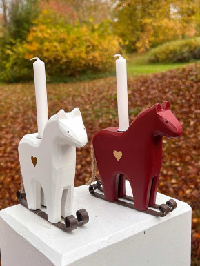 Weißes Holzpferd auf Ski Kerzenhalter Pferd Madleys H13