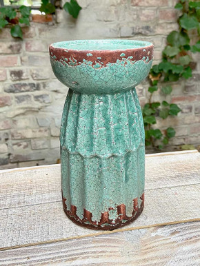 Großer Kerzenhalter Säule Antik Keramik Vintage grün H21
