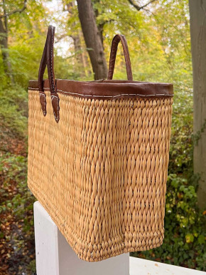 Schmale Korbtasche Shopper natur braune Lederhenkel L H31