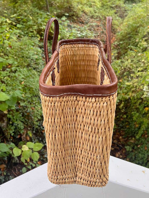 Schmale Korbtasche Shopper natur braune Lederhenkel L H31