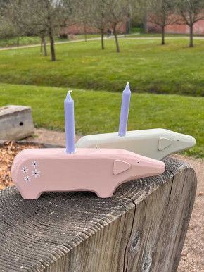 Rosa Holzschwein Blümchen länglich Kerzenhalter Madleys L23