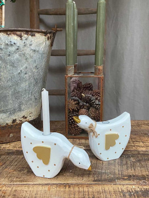 Weiße Holzgans Kerzenhalter weiß mit goldenen Punkten Kopf hoch Madleys H11