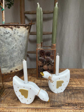 Weiße Holzgans Kerzenhalter weiß mit goldenen Punkten Kopf hoch Madleys H11