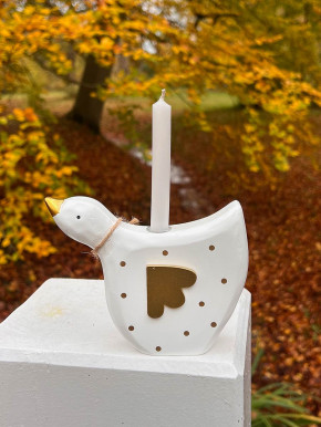 Weiße Holzgans Kerzenhalter weiß mit goldenen Punkten Kopf hoch Madleys H11