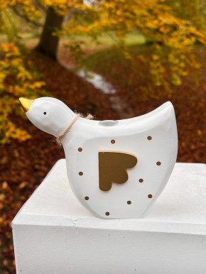 Weiße Holzgans Kerzenhalter weiß mit goldenen Punkten Kopf hoch Madleys H11