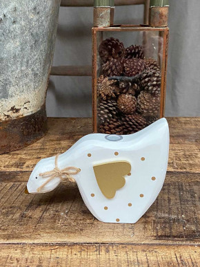 Weiße Holzgans Kerzenhalter weiß mit goldenen Punkten Kopf runter Madleys H11