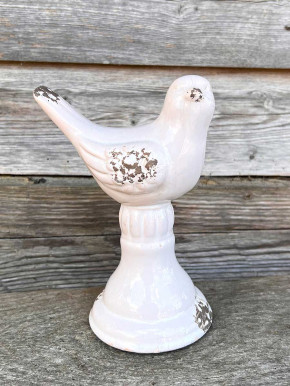 Keramikvogel auf Sockel Shabby Vintage weiß H16