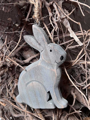 Shabby Holzhase Osterhase Hase Anhänger Landhausstil geschnitzt sitzend blaugrau H9