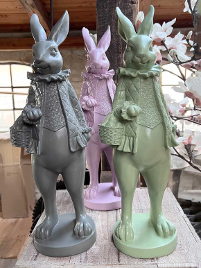 Osterhase Häsin stehend mit Körbchen hellgrau Polyresin H51