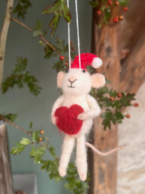 Filzanhänger weiße Maus mit rotem Herz