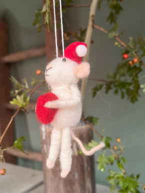 Filzanhänger weiße Maus mit rotem Herz