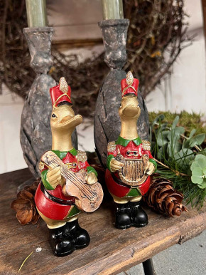 Weihnachtsente in Uniform mit Harfe aus Polyresin H14